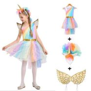   Farsangi Unikornis Jelmez Kislányoknak Szivárványszínű Ruhával, Fejdísszel És Szárnyakkal – L Méret – 130 Cm