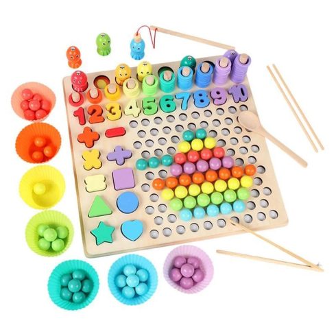 Montessori Gyöngy Mozaik És Horgászós Többfunkciós Clip Beads Fa Fejlesztőjáték
