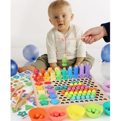 Montessori Gyöngy Mozaik És Horgászós Többfunkciós Clip Beads Fa Fejlesztőjáték