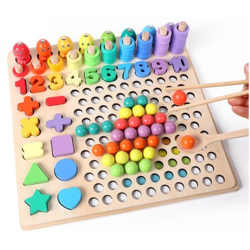 Montessori Gyöngy Mozaik És Horgászós Többfunkciós Clip Beads Fa Fejlesztőjáték
