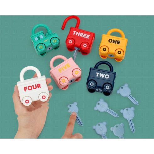 Montessori Oktatójáték Zárakkal És Kulcsokkal Képtársítás Vonat Játék 6db
