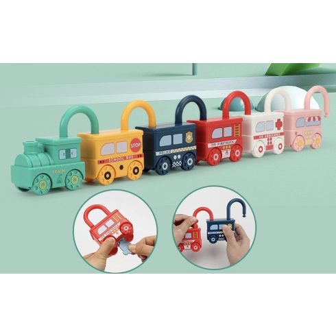 Montessori Oktatójáték Zárakkal És Kulcsokkal Képtársítás Vonat Játék 6db