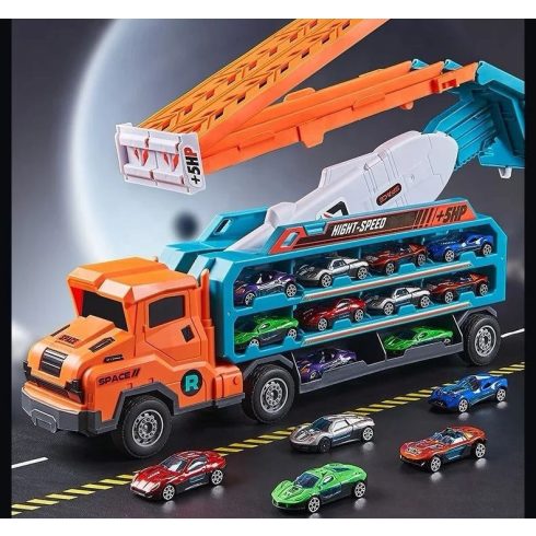 Autóversenypálya vontatószállító 6 db. narancs sárga