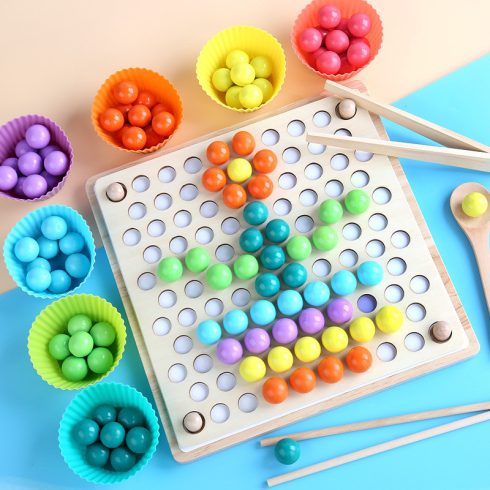 2 Az 1 Ben- Montessori  Szivárvány Színű Gyöngyök Oktató Játék Clip Beads Készségfejlesztő Fajáték