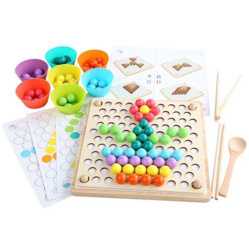 2 Az 1 Ben- Montessori  Szivárvány Színű Gyöngyök Oktató Játék Clip Beads Készségfejlesztő Fajáték