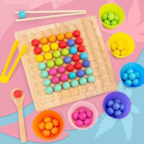 2 Az 1 Ben- Montessori  Szivárvány Színű Gyöngyök Oktató Játék Clip Beads Készségfejlesztő Fajáték