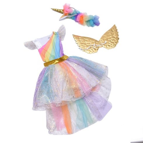 Farsangi Unikornis Jelmez Kislányoknak Szivárványszínű Ruhával, Fejdísszel És Szárnyakkal – S Méret – 110 Cm