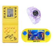   Nagy Méretű 3 Db-os Retro Játék Szett Tetrisszel, Vízi Karikás Türelemjátékkal És Gyermek Karórával