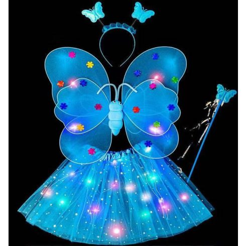 VilágÍtó pillangó jelmez fejpánttal es varázspálcával kék