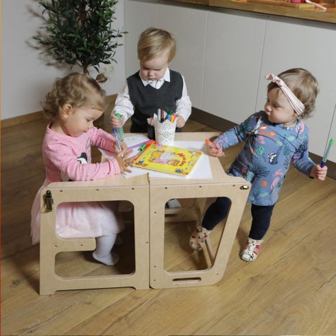 Montessori Fa Tanulótorony Gyűrűk 3 Az 1-ben Fa Színű + Kréta Tabla 