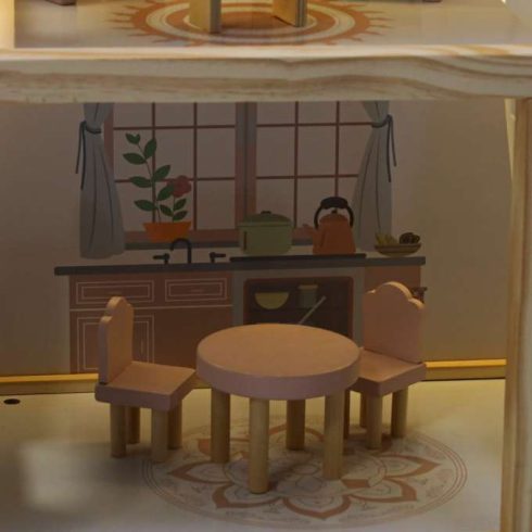 Fa babaház bútor 78cm rózsaszín LED