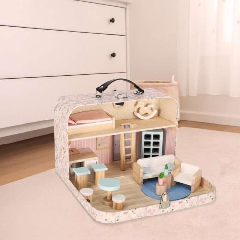 Babaház bőröndben, kiegészítők, fa bútorok