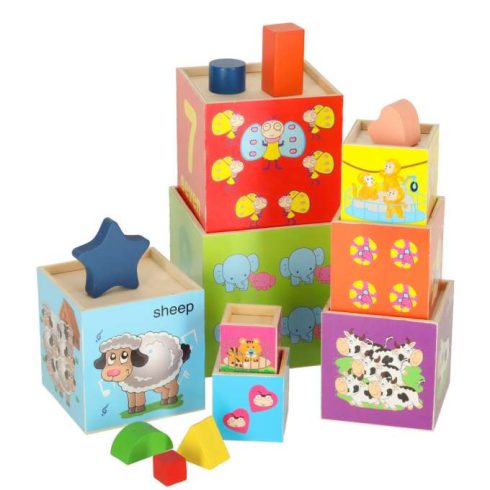 Fa oktatótorony alakválogató, számolás tanuláshoz, 71 cm, XXL