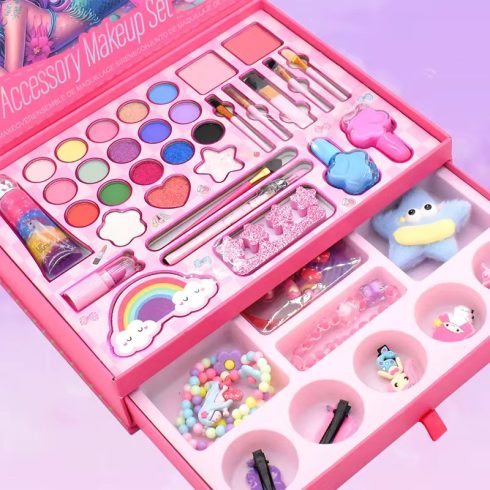 Kozmetikai doboz sminkhez és körömápoláshoz, smink, kozmetikumok, szemhéjfestékek, lakkok, fiókok, sellő