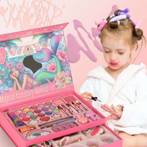 Kozmetikai doboz sminkhez és körömápoláshoz, smink, kozmetikumok, szemhéjfestékek, lakkok, fiókok, sellő