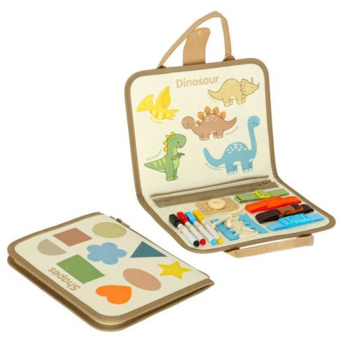 Montessori szenzoros manipulációs tábla bőrönd dinoszauruszok