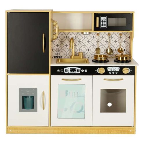 Fából készült gyerekkonyha hűtőszekrénnyel és arany krétatáblával