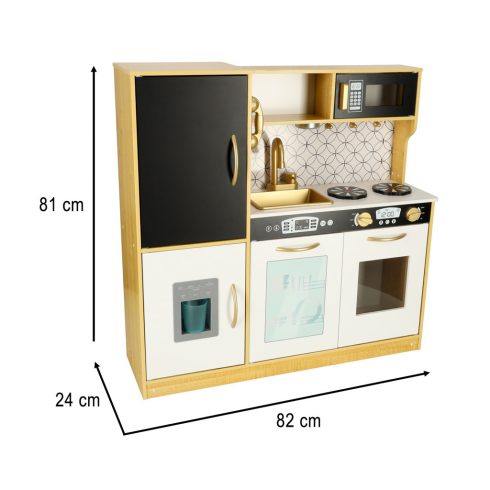 Fából készült gyerekkonyha hűtőszekrénnyel és arany krétatáblával