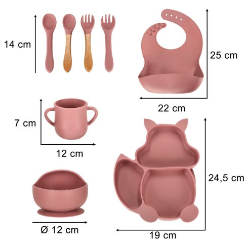 Szilikon edény gyerekeknek mókus 9 elemes készlet, sötét rózsaszín
