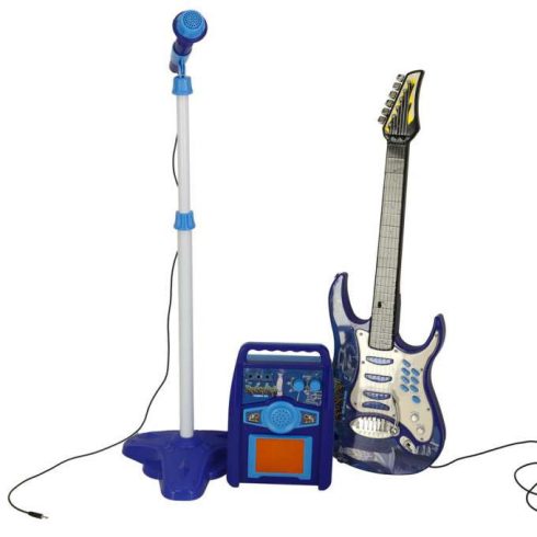 Elektromos rockgitár erősítővel és mikrofonnal gyerekeknek, kék
