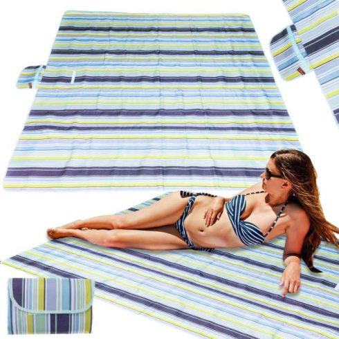 Strandszőnyeg, vízálló pikniktakaró, összecsukható strandtáska XXL 200x200cm, kék