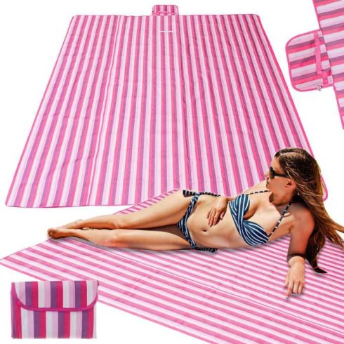 Strandszőnyeg, vízálló pikniktakaró, összecsukható strandtáska XXL 200x200cm, rózsaszín