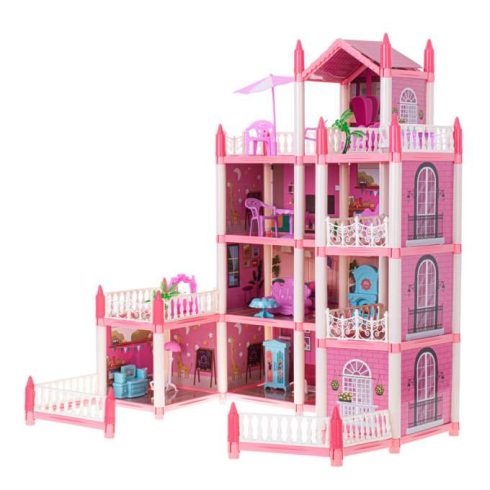 Babaház Villa Rózsaszín Barkácsolás 4 Szintes Bútor 61cm
