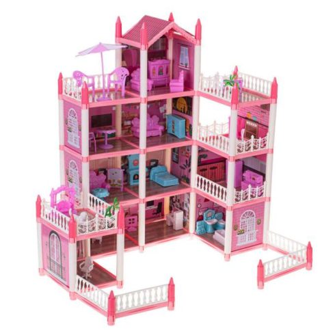 Babaház Villa Rózsaszín Barkácsolás 4 Szintes Bútor 61cm