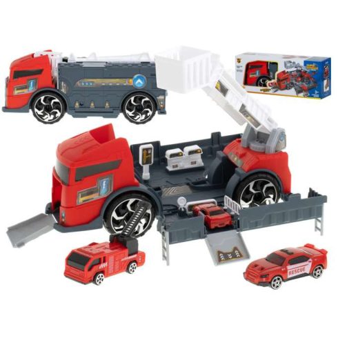 Szállító Teherautó Tir 2in1 Parkoló Vontató Tűzoltóság + 3 Autó Piros